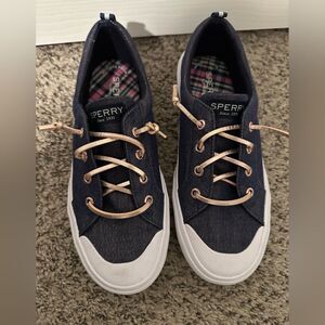Sperry Dark Blue Gold Glitter Canvas Shoes with White Outsoles - Girls 4 - NWOT